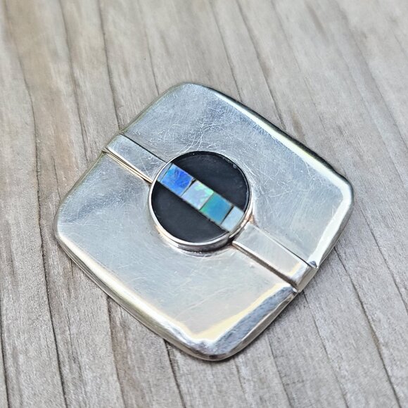 GFMW Great Falls Metal Works Sterling 925 Onyx Opal Inlay Modernist Brooch Pin - Picture 5 of 5